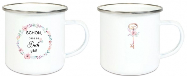 ♥ Tasse Becher Emailletasse Kranz Blüten, Rosen, Schön, dass es Dich gibt! Dankeschön, Geburtstag, Vatertag, Abschied, Jubiläum, Geschenk, Becher von Lüttentüddel